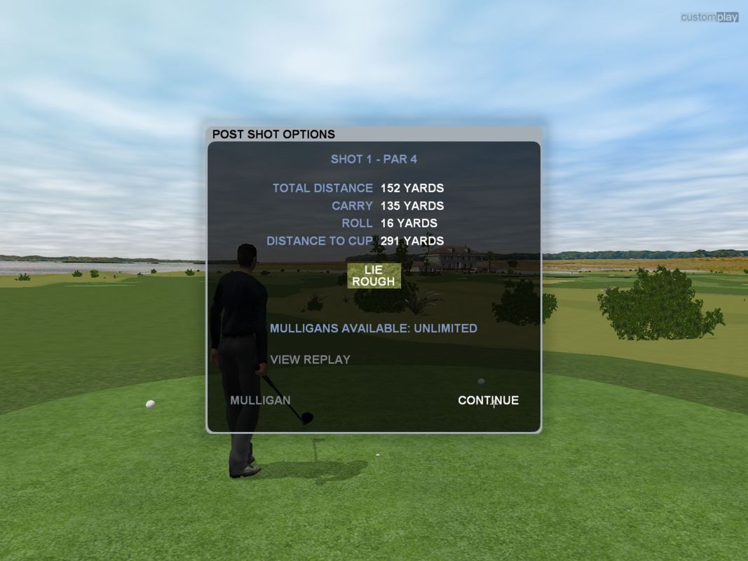 CustomPlay Golf (Windows) screenshot: After each shot the player is shown statistics like this