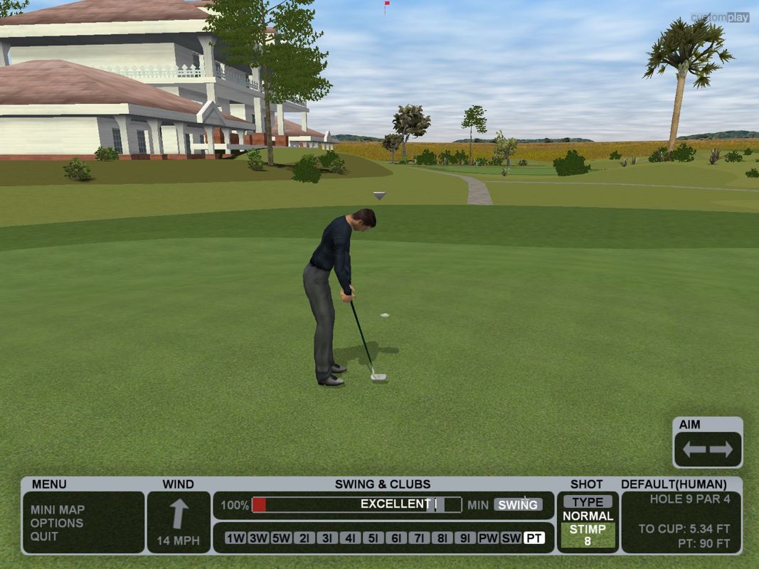 CustomPlay Golf (Windows) screenshot: Putting practice is essential. Note how little power is required to make the shot