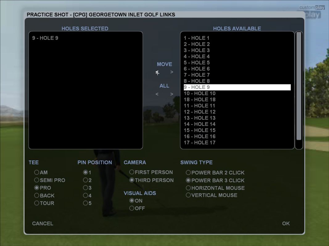 CustomPlay Golf (Windows) screenshot: When the PRACTICE option is selected from the PLAY menu the player can play on any course and can then play one, several or all of the holes on that course