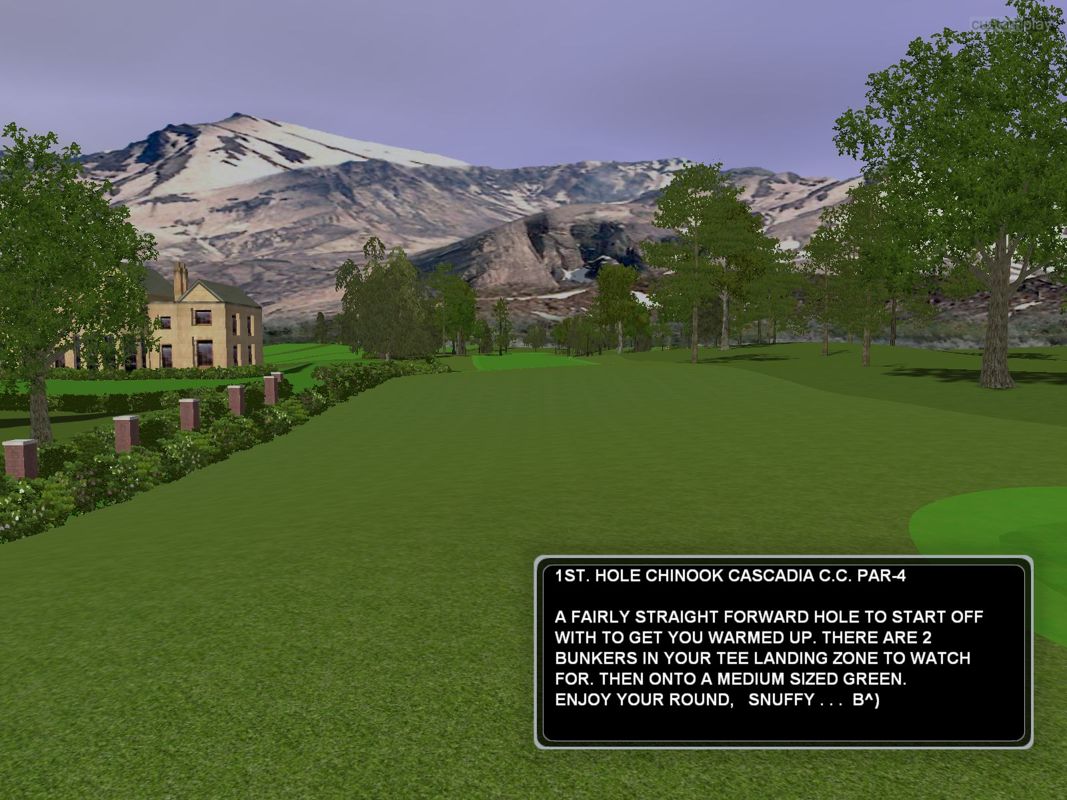 CustomPlay Golf (Windows) screenshot: The fly-by of the first hole of the Chinook Cascadia Country Club course