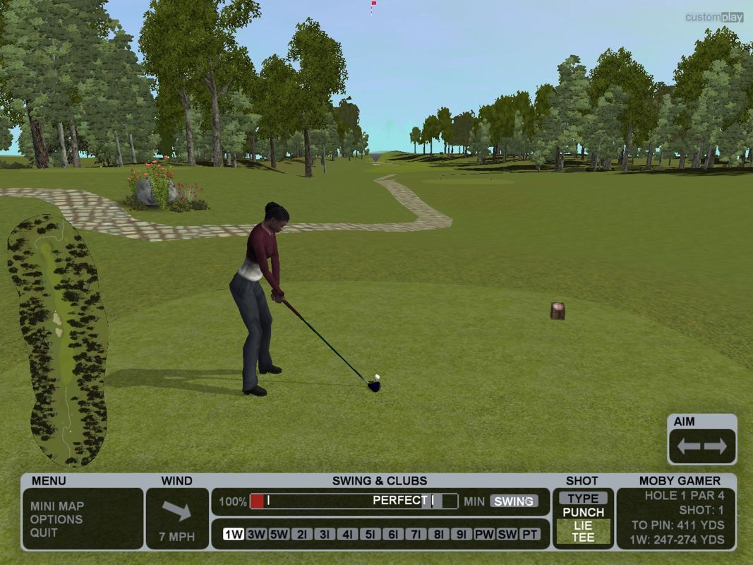 CustomPlay Golf (Windows) screenshot: The player tees off in a tournament at the Renaissance Golf and Country Club . This screen shot shows the grey aiming pointer and the mini map clearly