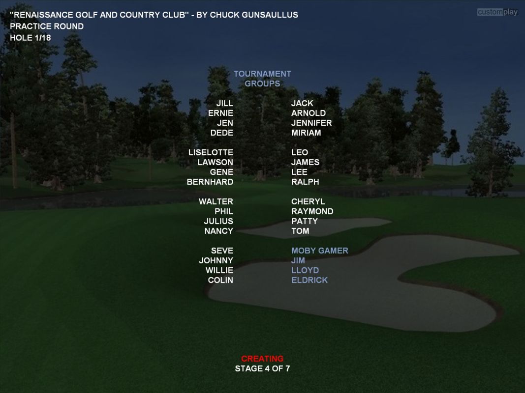 CustomPlay Golf (Windows) screenshot: The line up for a tournament. The player's group is shown in blue. The AI players in the group will all use the game's default character unless the player has created and used alternatives