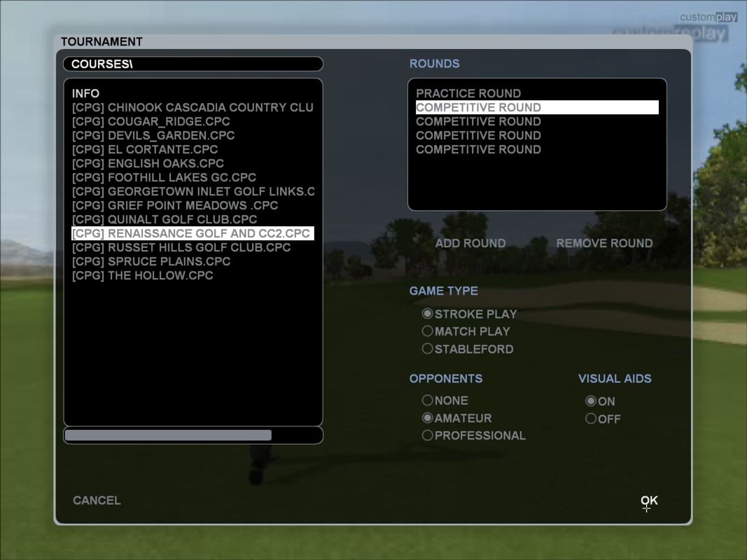 CustomPlay Golf (Windows) screenshot: There are two kinds of tour, the Local Tour and the Web Tour. In 2016 the web options are no longer available. This is the configuration screen at the start of a local tour