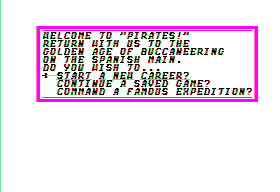 Sid Meier's Pirates! (Apple II) screenshot: Main Menu.