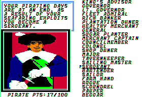 Sid Meier's Pirates! (Apple II) screenshot: Retiring as a sergeant.