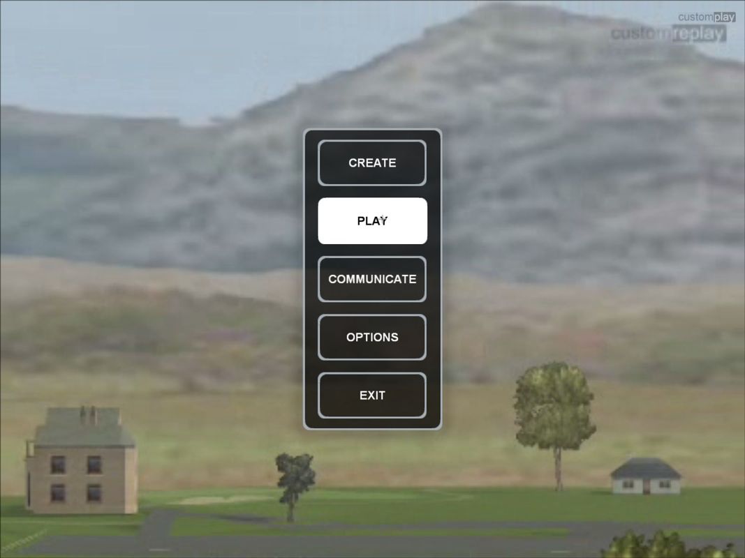 CustomPlay Golf (Windows) screenshot: The main menu screen<br>Create opens the course editor<br>Communicate opens network play<br>Options is where sound effects etc are adjusted<br>and Play is self explanatory