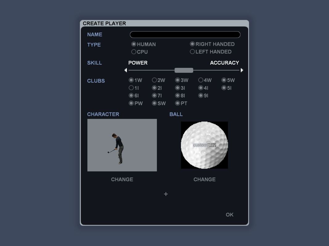 CustomPlay Golf (Windows) screenshot: The golfer creation screen. Here the player can select from four default characters, change the colour of their balls etc
