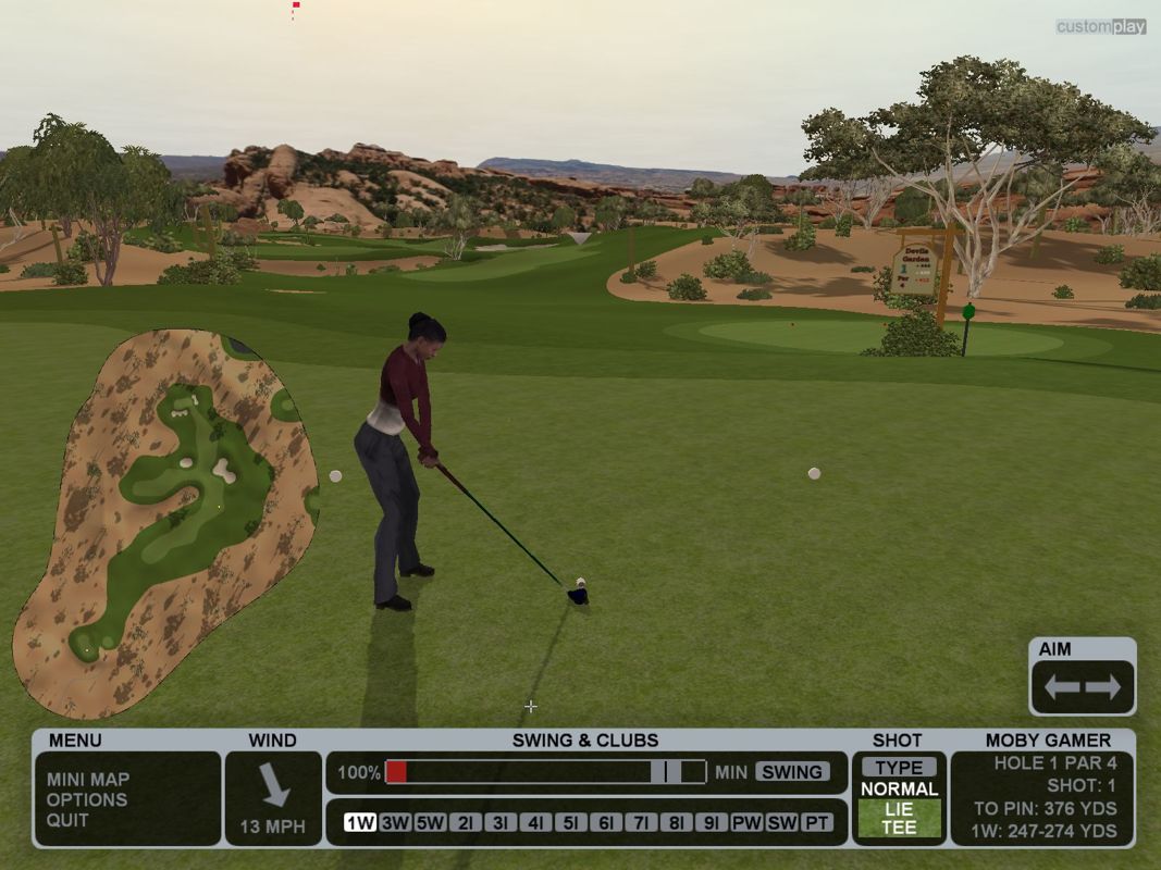 CustomPlay Golf (Windows) screenshot: Teeing up on the first hole of the Devil's Garden course