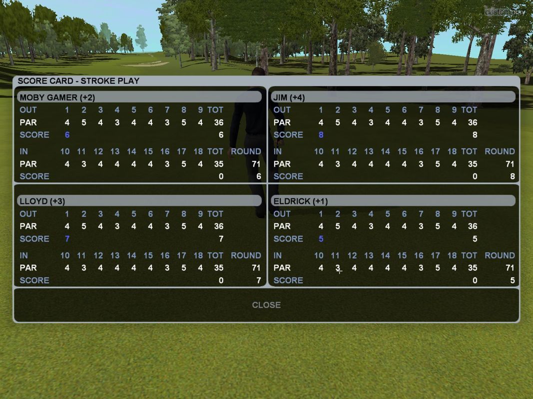 CustomPlay Golf (Windows) screenshot: Playing in a tournament. The score card at the end of the first hole