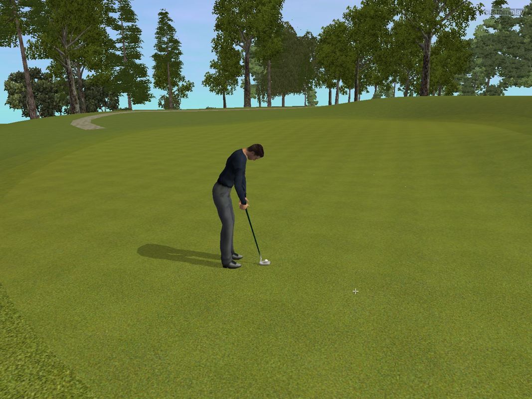 CustomPlay Golf (Windows) screenshot: Playing in a tournament. After teeing off, as in a real game, the player furthest from the pin plays first. This can mean a bit of a wait as the three AI players make their play