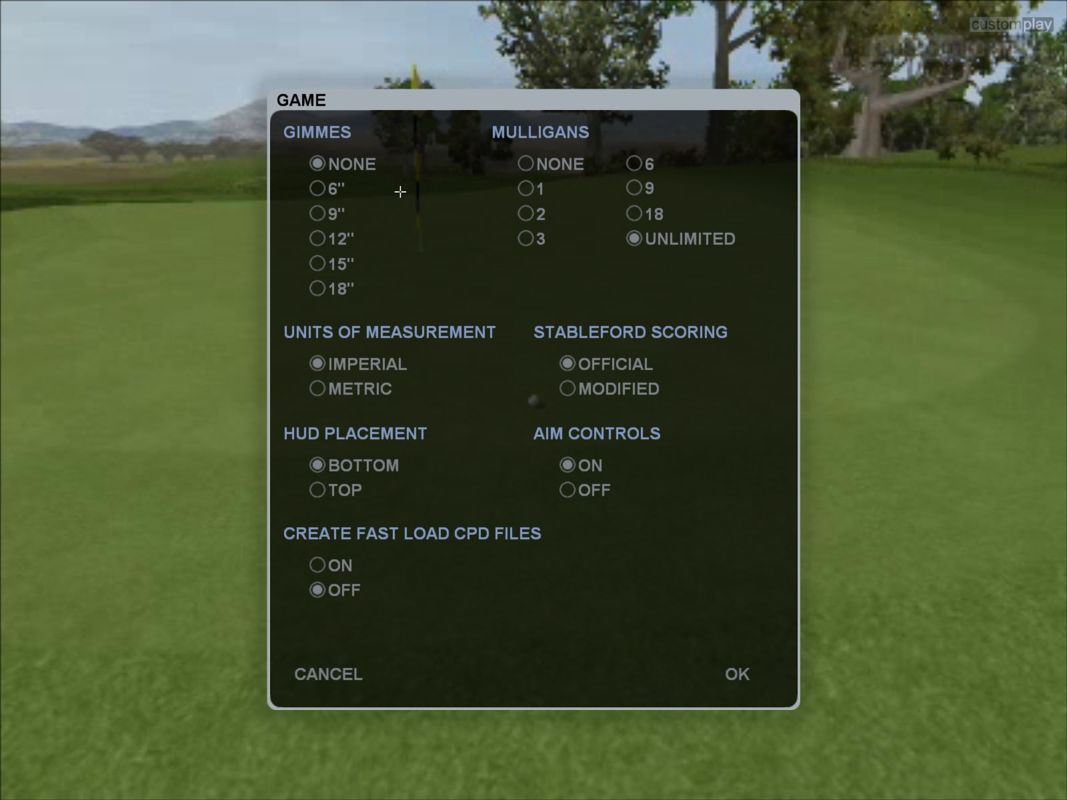 CustomPlay Golf (Windows) screenshot: The in-game configuration screen. This, and other configuration screens, are accessed via the OPTIONS button on the main menu