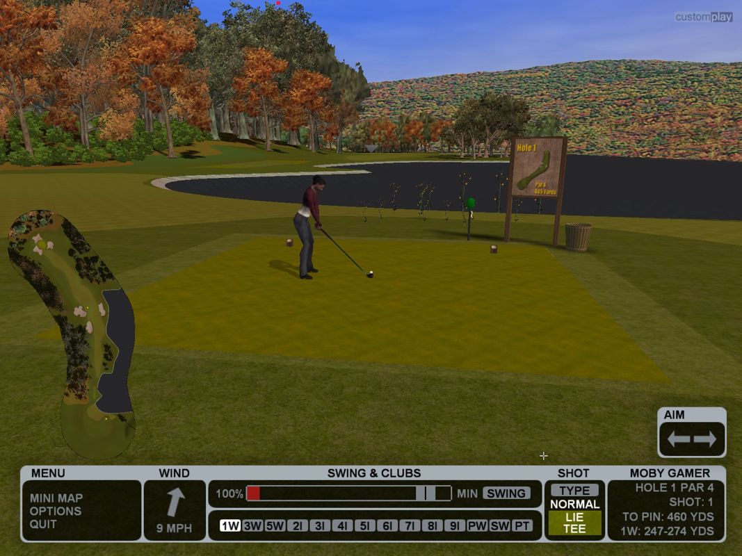 CustomPlay Golf (Windows) screenshot: On the tee of hole one at the Russet Hills Golf Club.
