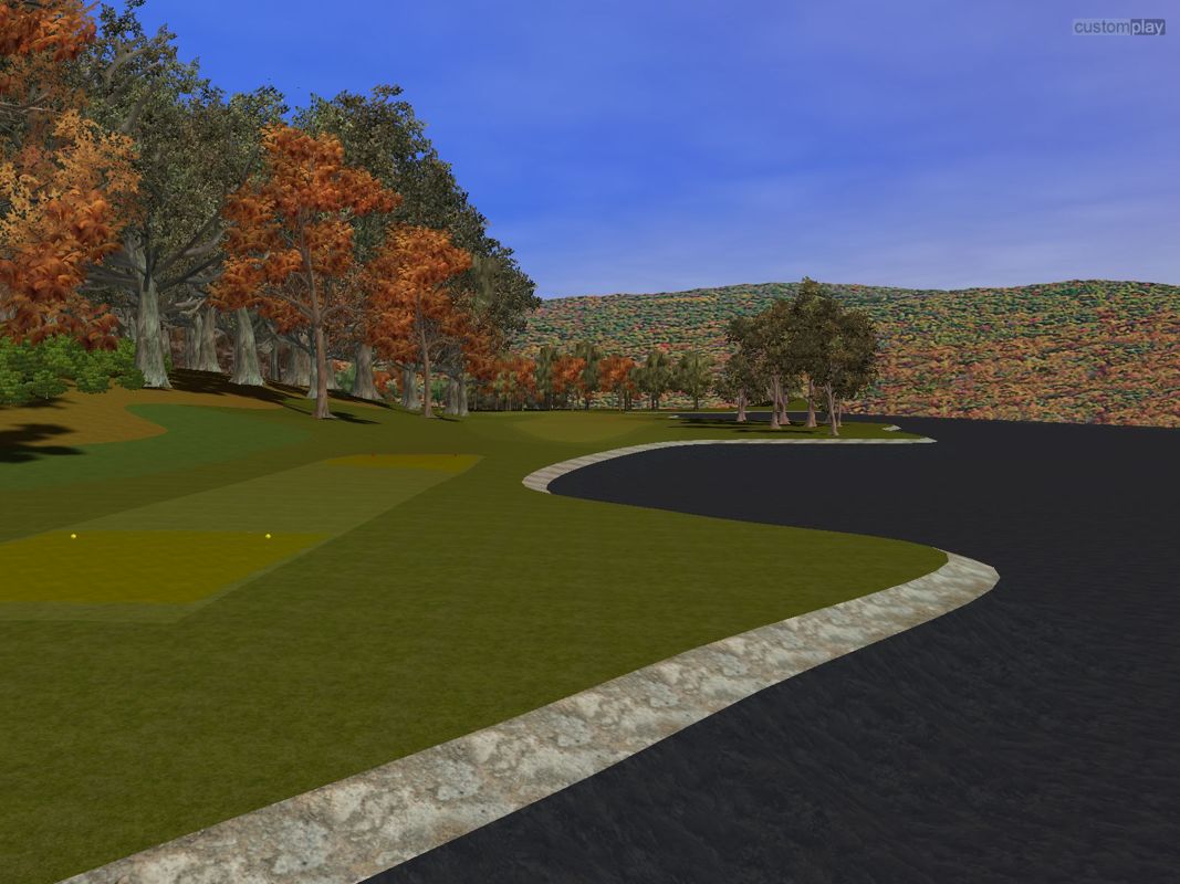 CustomPlay Golf (Windows) screenshot: A view from the fly-by of hole one at the Russet Hills Golf Club. The water in the lake curves uphill as it approaches the shore