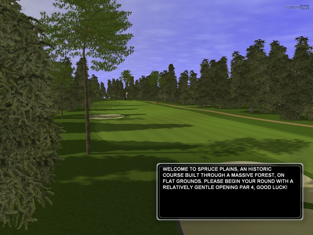 CustomPlay Golf (Windows) screenshot: A view from the fly-by of hole one at the Spruce Plains course. Note how the game draws nearby trees in greater detail than those which are far away