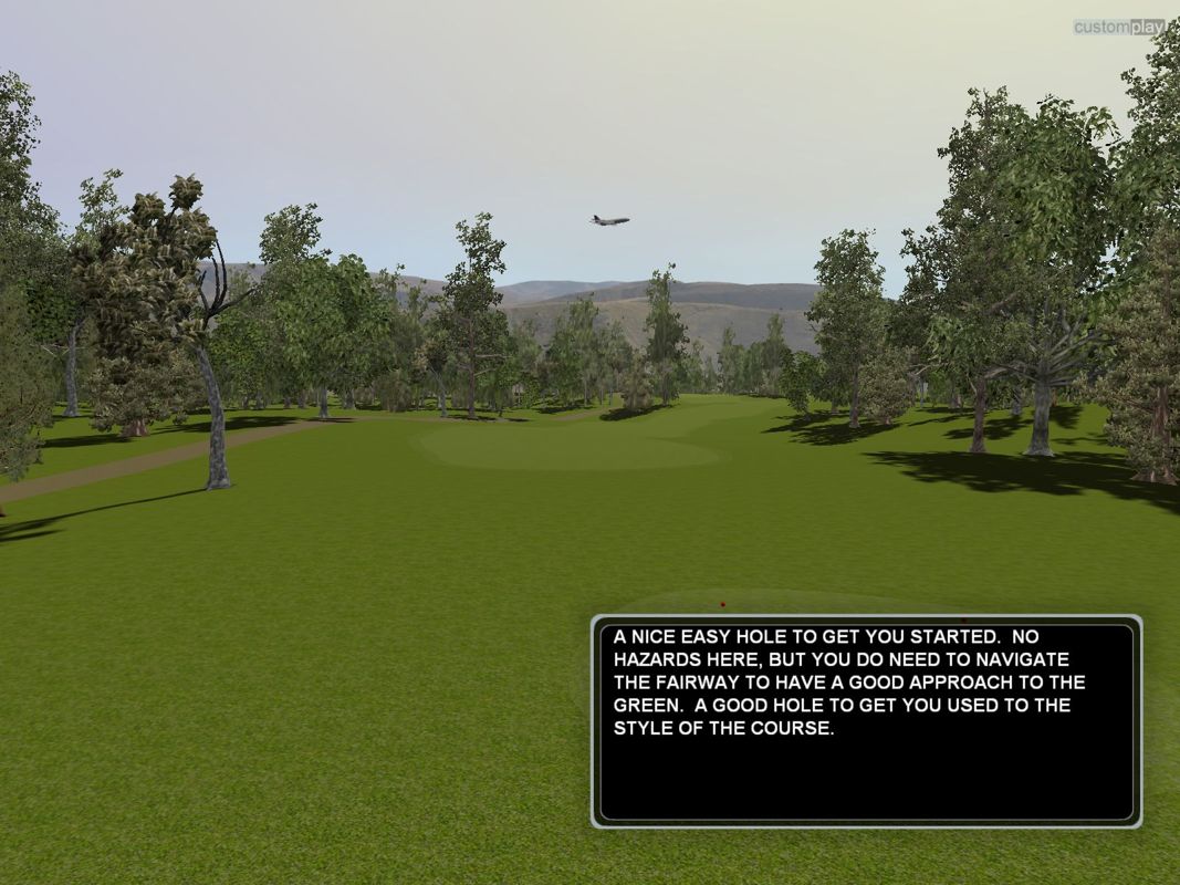CustomPlay Golf (Windows) screenshot: A view from the fly-by of hole one at the Hollows course. The approaching aircraft was a surprise
