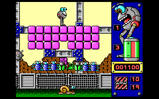 Jump (DOS) screenshot: Falling the first brick on the first bug (EGA/VGA)
