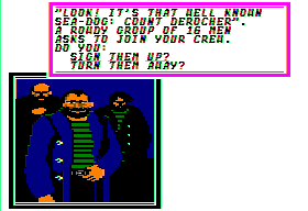 Sid Meier's Pirates! (Apple II) screenshot: As you become more famous, it will be easier to recruit men.