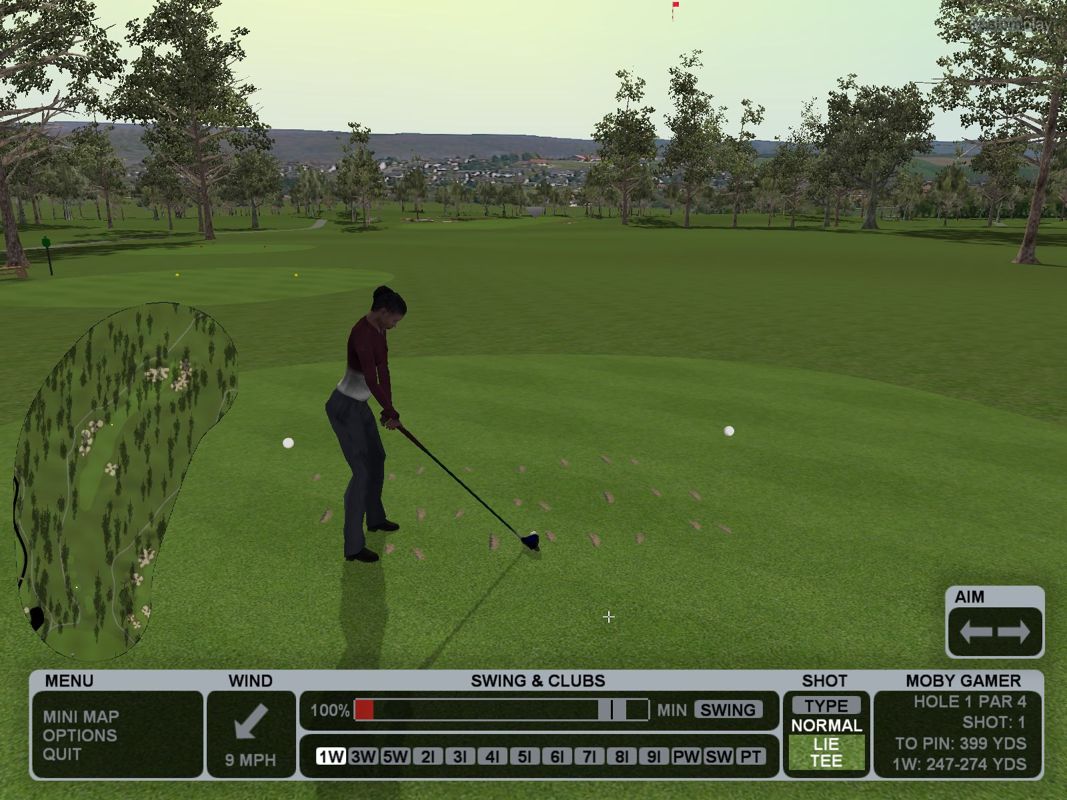 CustomPlay Golf (Windows) screenshot: Teeing up on the first hole of the English Oaks course. Those holes were not made by me!