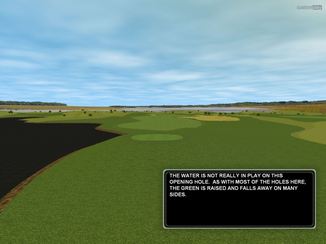CustomPlay Golf (Windows) screenshot: An aerial view of the first hole of the Georgetown Inlet Golf Links