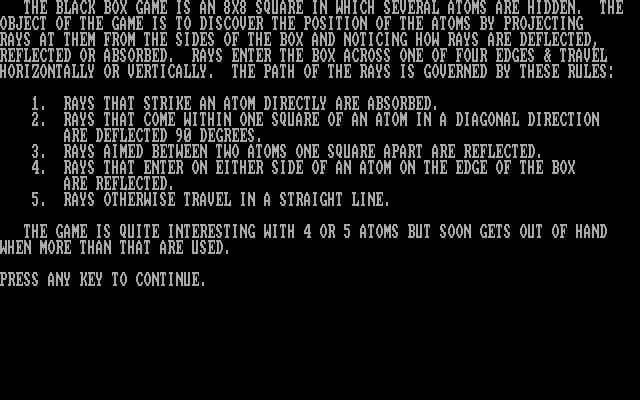 Black Box (DOS) screenshot: Game instructions