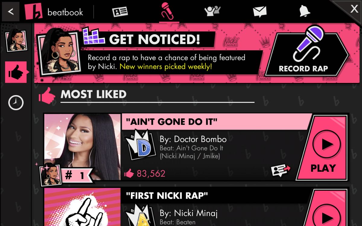 Nicki Minaj: The Empire (Android) screenshot: Nicki's selection of featured raps by other players.
