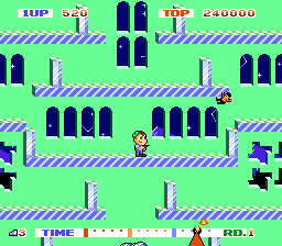 Teddy Boy Blues (Genesis) screenshot: If the small enemy isn't collected fast enough, they will take some time off the time meter