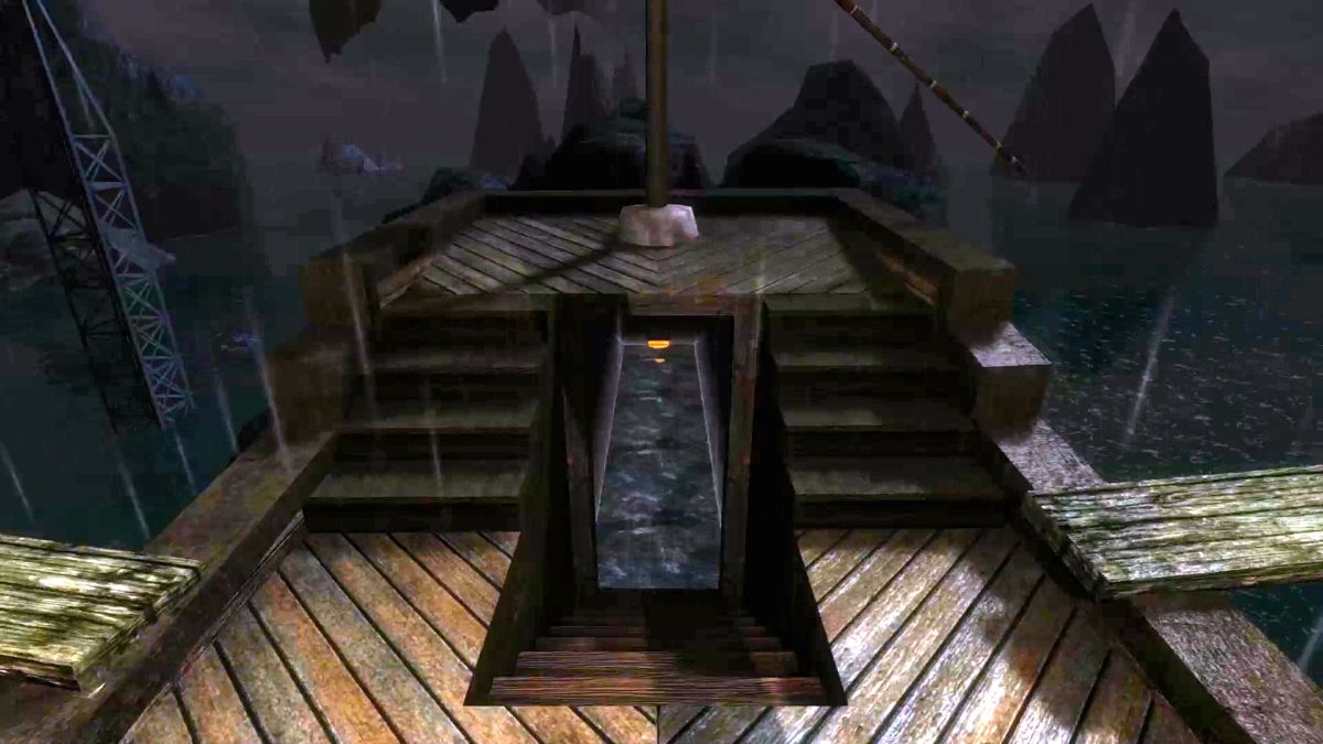realMyst: Masterpiece Edition (Macintosh) screenshot: Entering the Stone Ship realm its dark an rainy