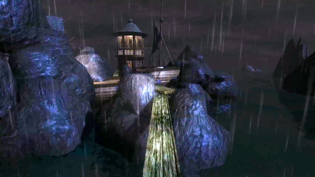 realMyst: Masterpiece Edition (Macintosh) screenshot: Looking back to the Stone Ship from pump buttons