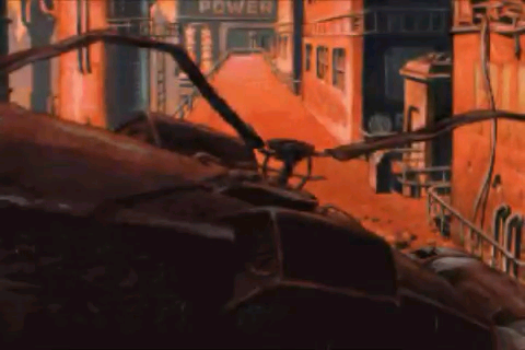 Beneath a Steel Sky (iPhone) screenshot: Escaping from the Helicopter crash, the starting point of the game.