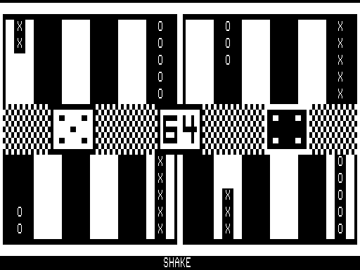 Gammon Gambler (TRS-80) screenshot: Dice roll for starting player - player whens high roll 5