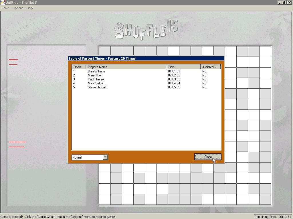 Shuffle 15 (Windows) screenshot: There isn't a high score table, instead there's a Fastest Time table<br>Wonder if these are the names of the developers?