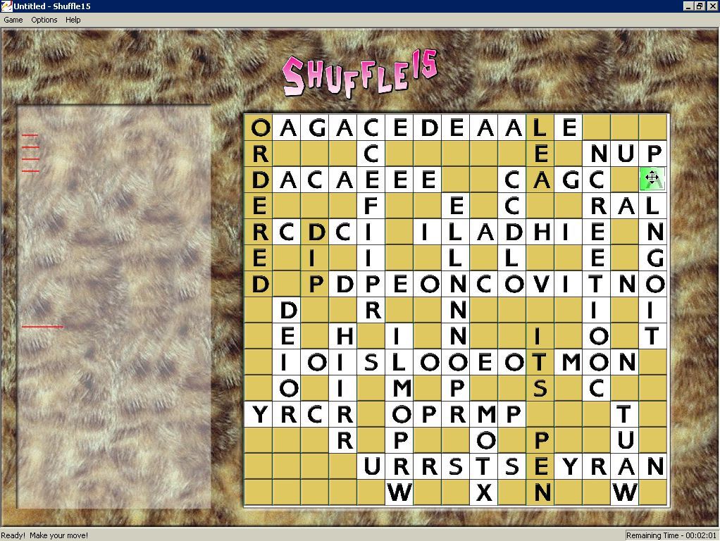 Shuffle 15 (Windows) screenshot: As the player completes correct words on the grid the background colour of the cells changes and the letters are locked in place