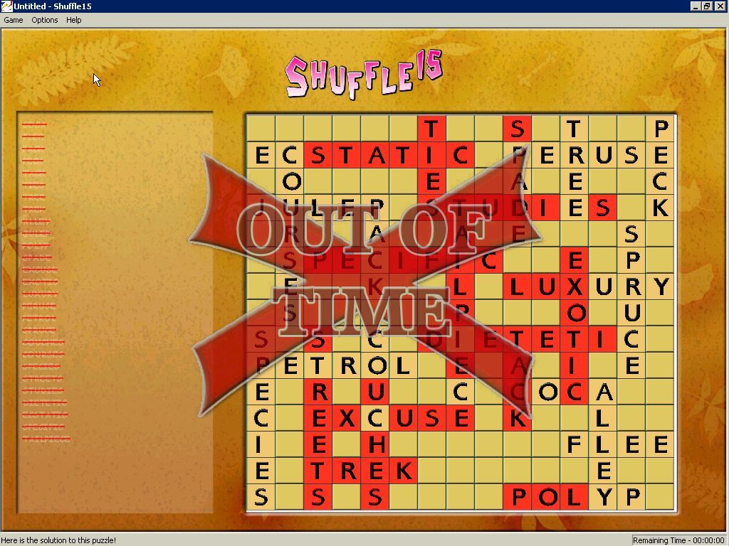 Shuffle 15 (Windows) screenshot: The game has three levels of difficulty. It also has a countdown timer mode which auto-solves the game when the player runs out of time