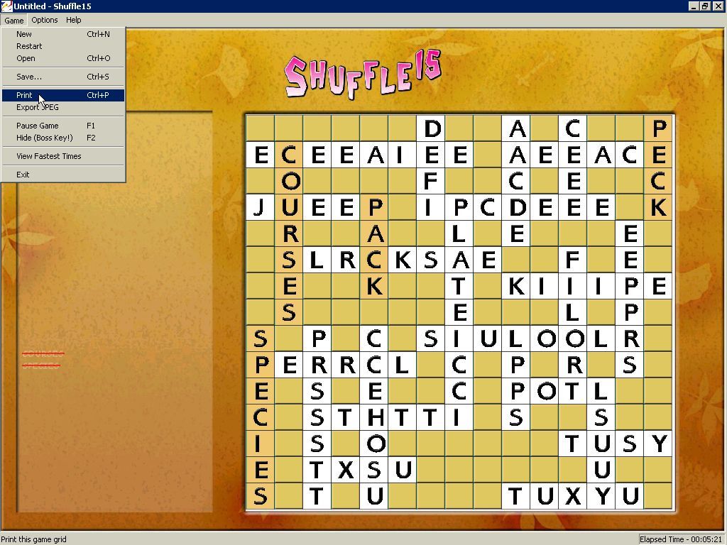 Shuffle 15 (Windows) screenshot: The game has a Boss key and an option to print the puzzle