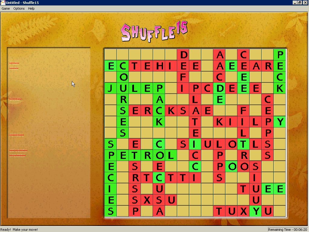 Shuffle 15 (Windows) screenshot: Here the 'Verify This Puzzle' option has been used. It shows which letters are in their correct positions