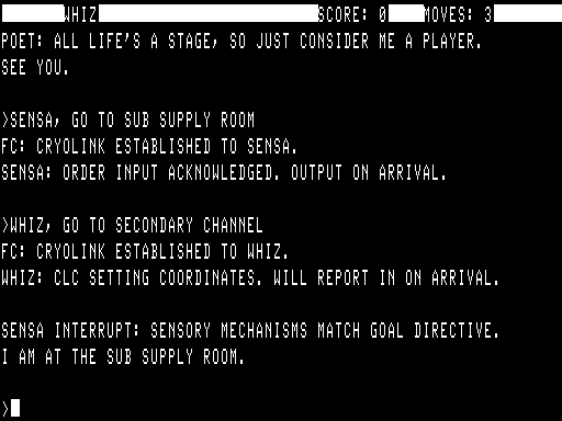 Suspended (TRS-80) screenshot: Sensa and Whiz robots