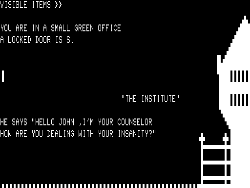 The Institute (TRS-80) screenshot: Oh good a Doctor...
