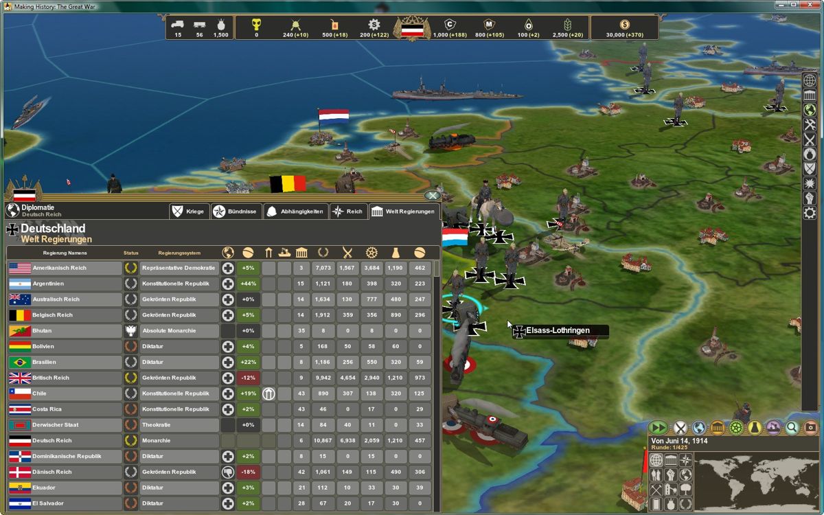Making History: The Great War (Windows) screenshot: Diplomatic screen