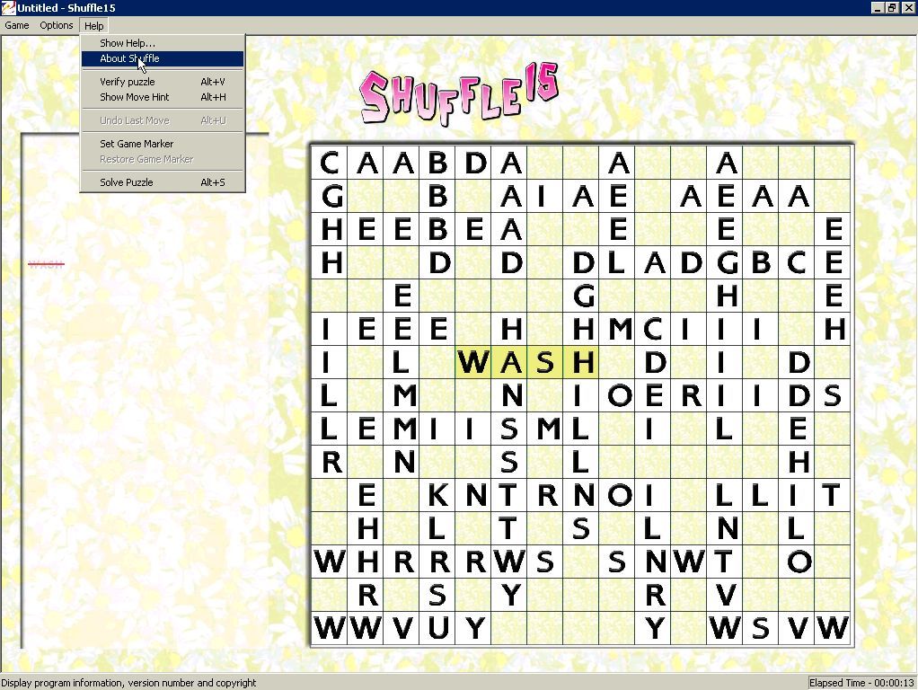 Shuffle 15 (Windows) screenshot: New games, difficulty settings etc are accessed via the menu bar.<br>Starting the puzzle with one word completed, as shown here, is a configuration option that can be toggled on/off