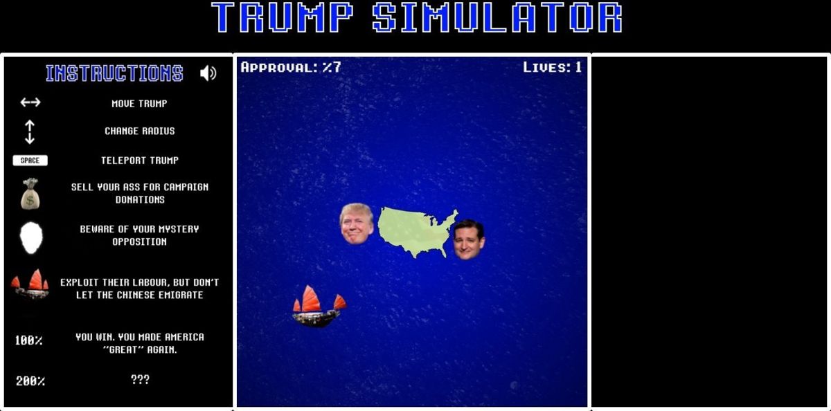 Trump Simulator (Browser) screenshot: ...and gettting support from Ted Cruz for limited time