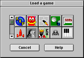Klik & Play (Macintosh) screenshot: The player can load one of the built-in example games from this screen.
