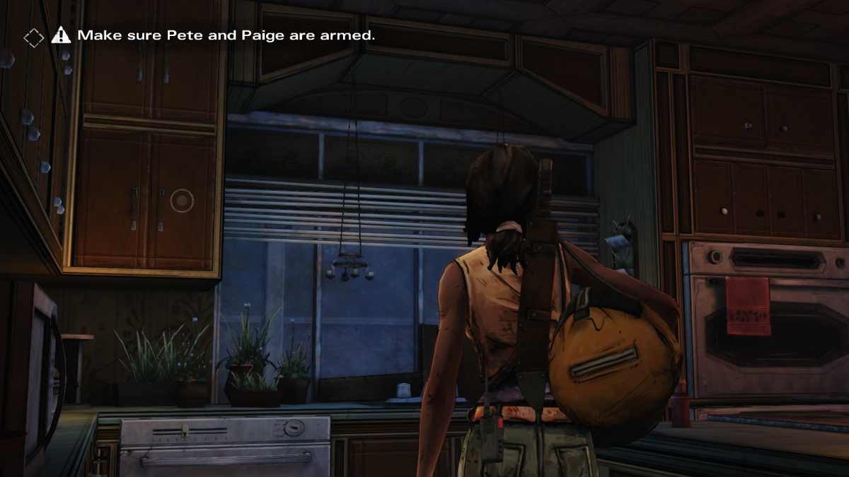 The Walking Dead: Michonne (Macintosh) screenshot: Episode 3 - Checking the kitchen cabinets