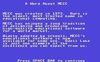 Odell Lake (Commodore 64) screenshot: A word about MECC