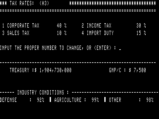 Supreme Ruler Plus (TRS-80) screenshot: Each round allows for changes which impacts next round