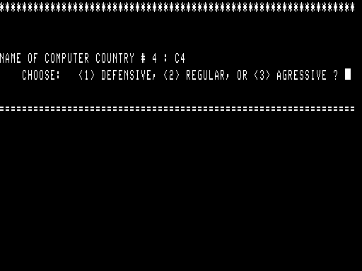 Supreme Ruler Plus (TRS-80) screenshot: Setting parms for how the computer will play