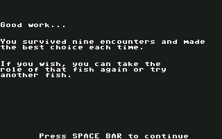 Odell Lake (Commodore 64) screenshot: You survived successfully as Dolly Varden