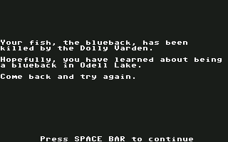 Odell Lake (Commodore 64) screenshot: Game over. Dolly Varden killed your fish (blueback).