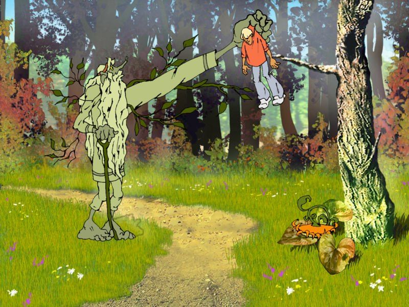 Nedetskie Skazki (Windows) screenshot: Leshy is pulling Ivan off the tree