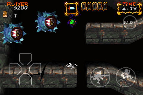 Ghosts 'N Goblins: Gold Knights (iPhone) screenshot: You died. The only thing that is left behind is your skeleton.