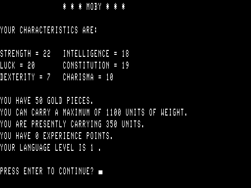 The Stone of Sisyphus (TRS-80) screenshot: Another check of user profile and inventory